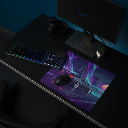 Nissan Skyline GT-R R34 Inspired Gray Purple Vaporwave Gaming Mouse Pad, Neon JDM Sports Car Desk Mat with Retro Futuristic Sunset Grid Artwork