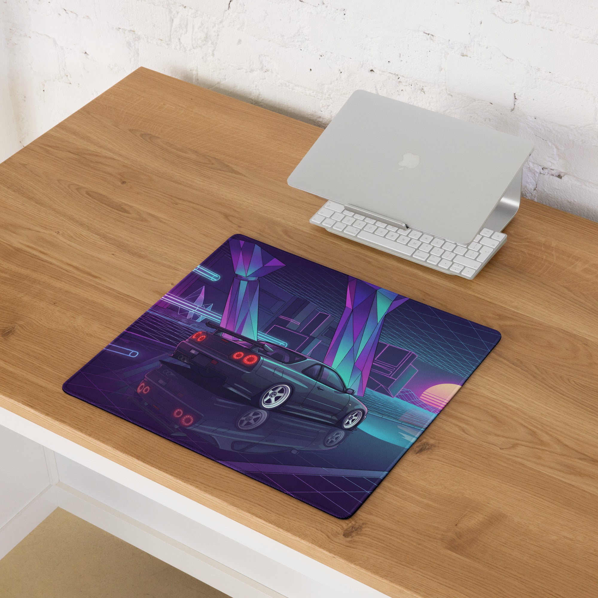 Nissan Skyline GT-R R34 Inspired Gray Purple Vaporwave Gaming Mouse Pad, Neon JDM Sports Car Desk Mat with Retro Futuristic Sunset Grid Artwork