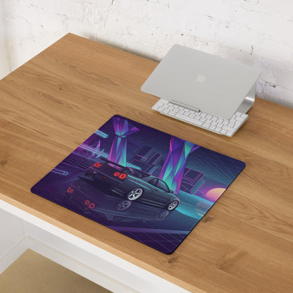 Nissan Skyline GT-R R34 Inspired Gray Purple Vaporwave Gaming Mouse Pad, Neon JDM Sports Car Desk Mat with Retro Futuristic Sunset Grid Artwork