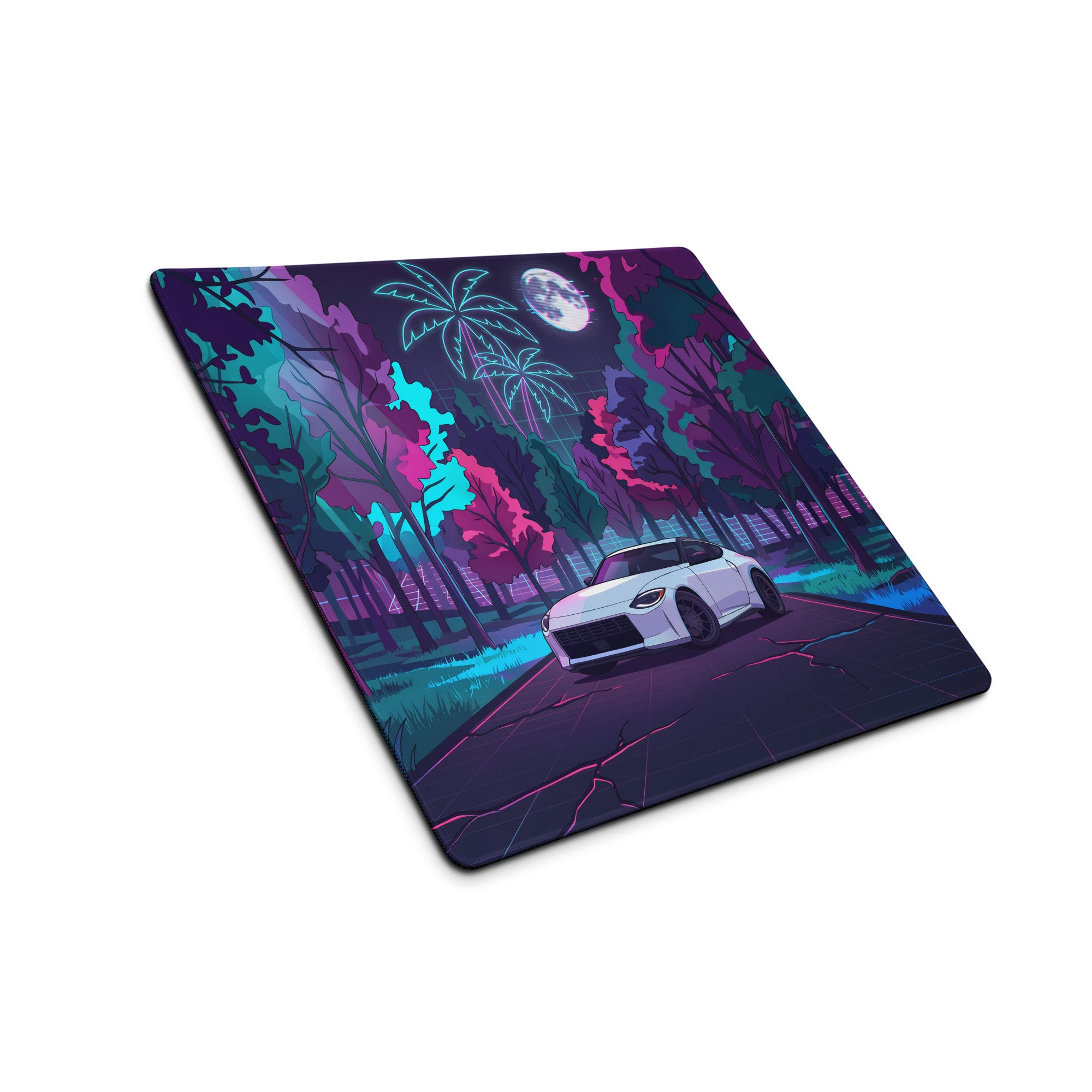 Nissan Z RZ34 Inspired White Purple Vaporwave Gaming Mouse Pad, Neon JDM Sports Car Desk Mat with Retro Futuristic Moonlit Forest Artwork