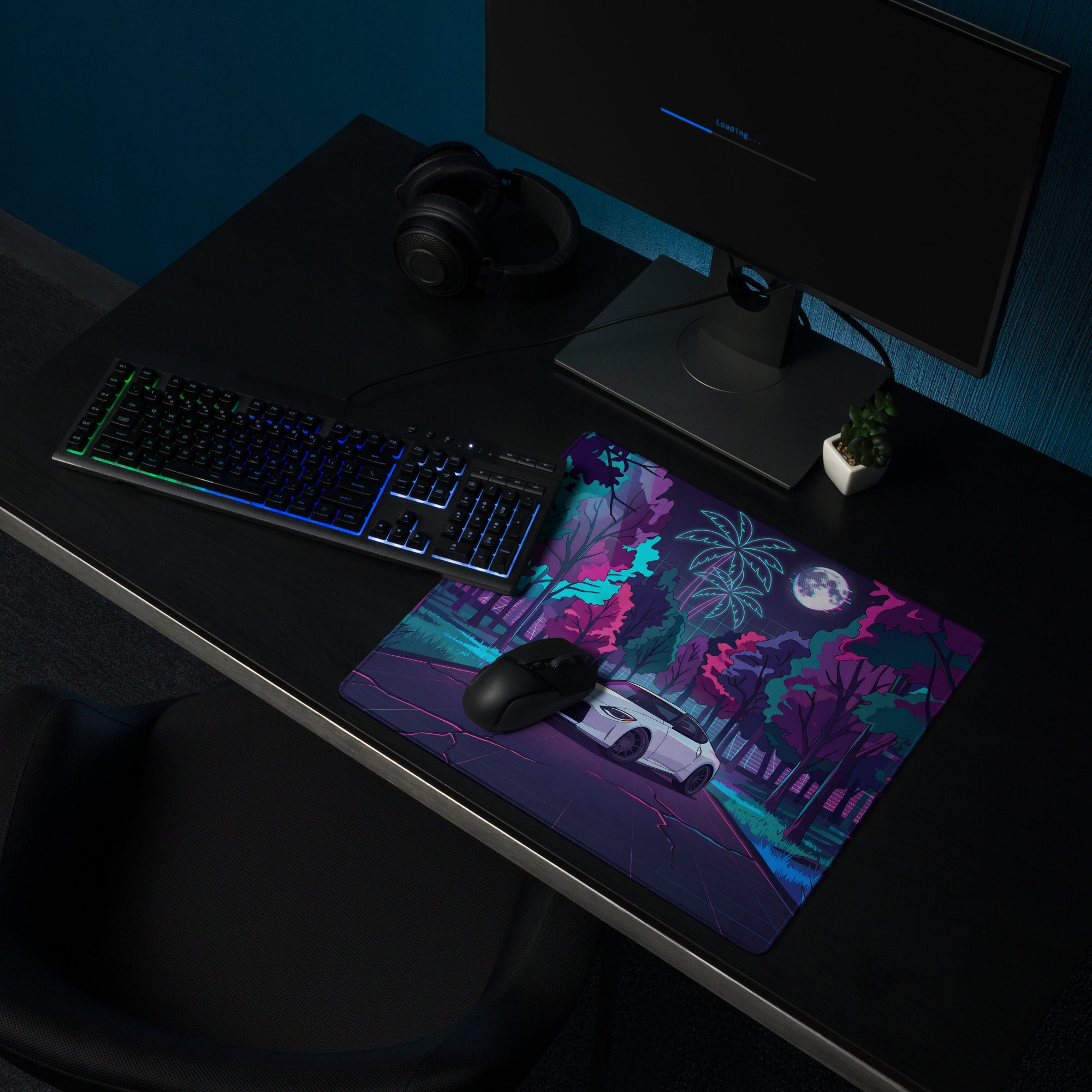 Nissan Z RZ34 Inspired White Purple Vaporwave Gaming Mouse Pad, Neon JDM Sports Car Desk Mat with Retro Futuristic Moonlit Forest Artwork