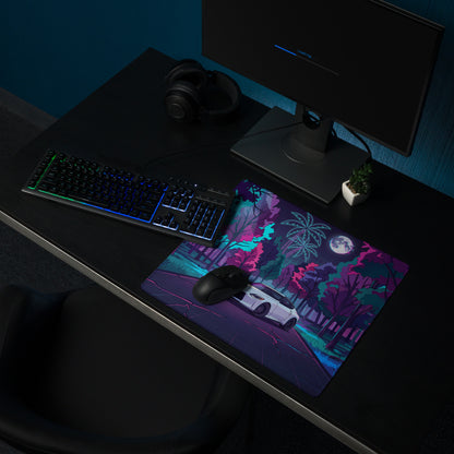 Nissan Z RZ34 Inspired White Purple Vaporwave Gaming Mouse Pad, Neon JDM Sports Car Desk Mat with Retro Futuristic Moonlit Forest Artwork