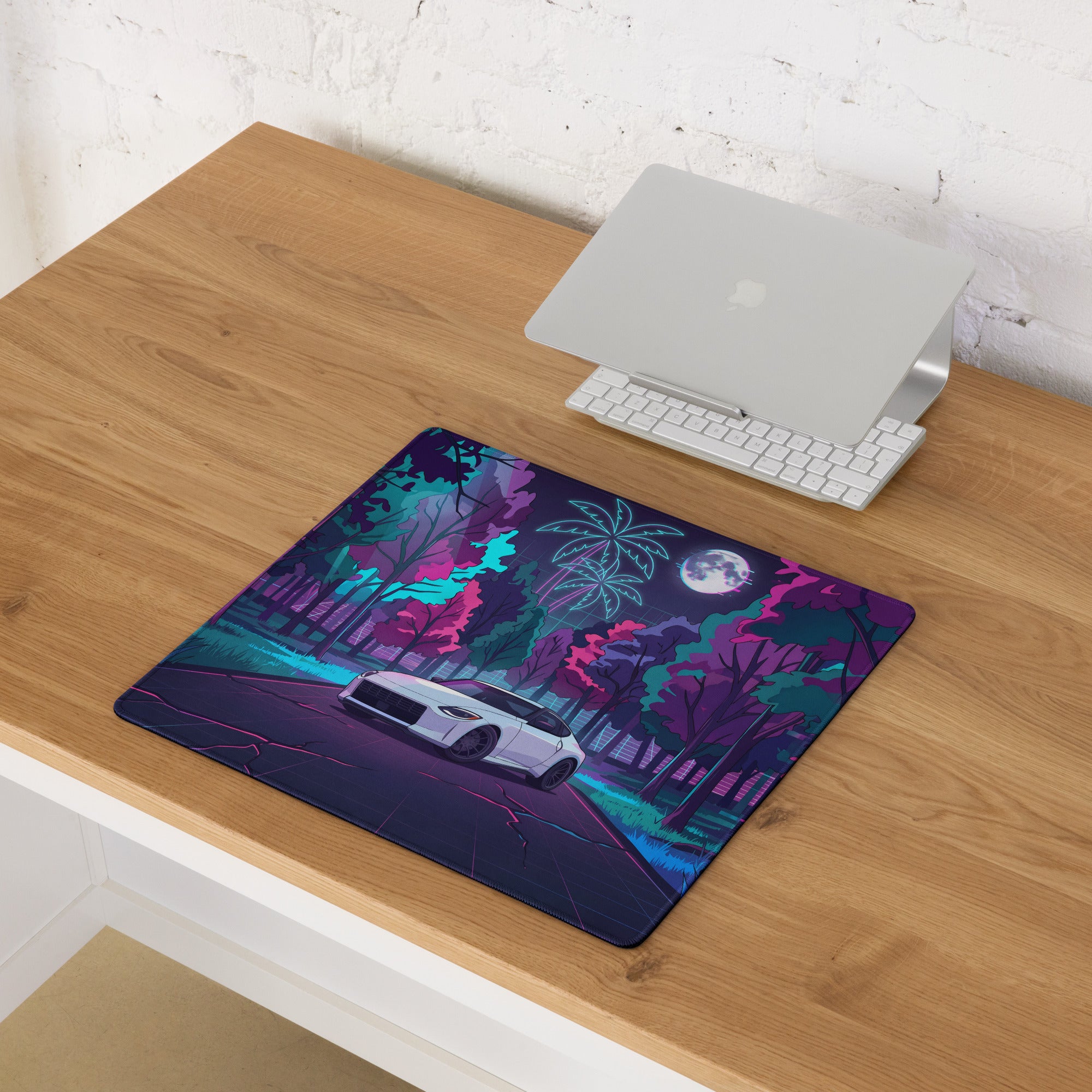 Nissan Z RZ34 Inspired White Purple Vaporwave Gaming Mouse Pad, Neon JDM Sports Car Desk Mat with Retro Futuristic Moonlit Forest Artwork