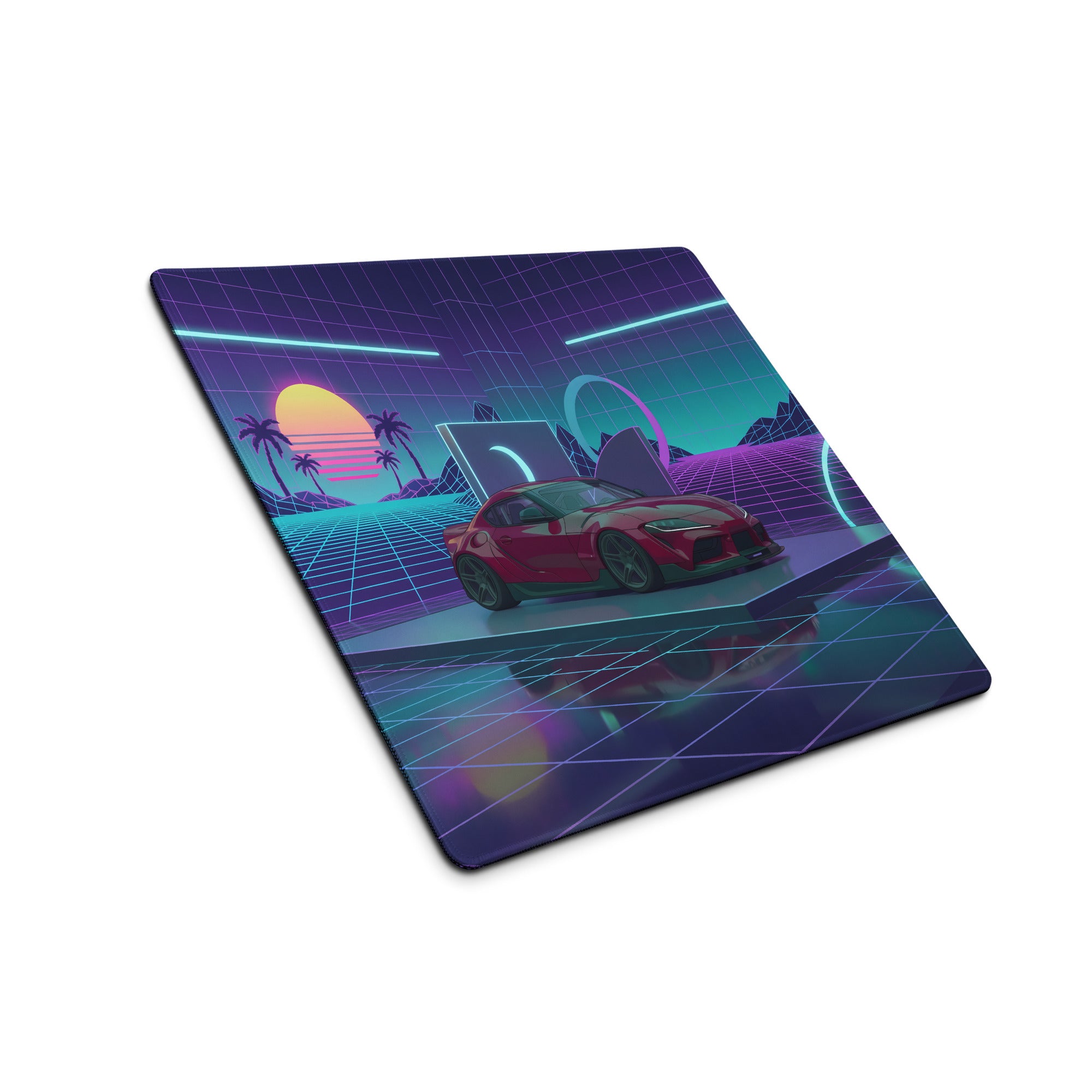 Toyota GR Supra A90 Inspired Red Purple Vaporwave Gaming Mouse Pad, Neon JDM Sports Car Desk Mat with Retro Futuristic Grid Sunset Artwork