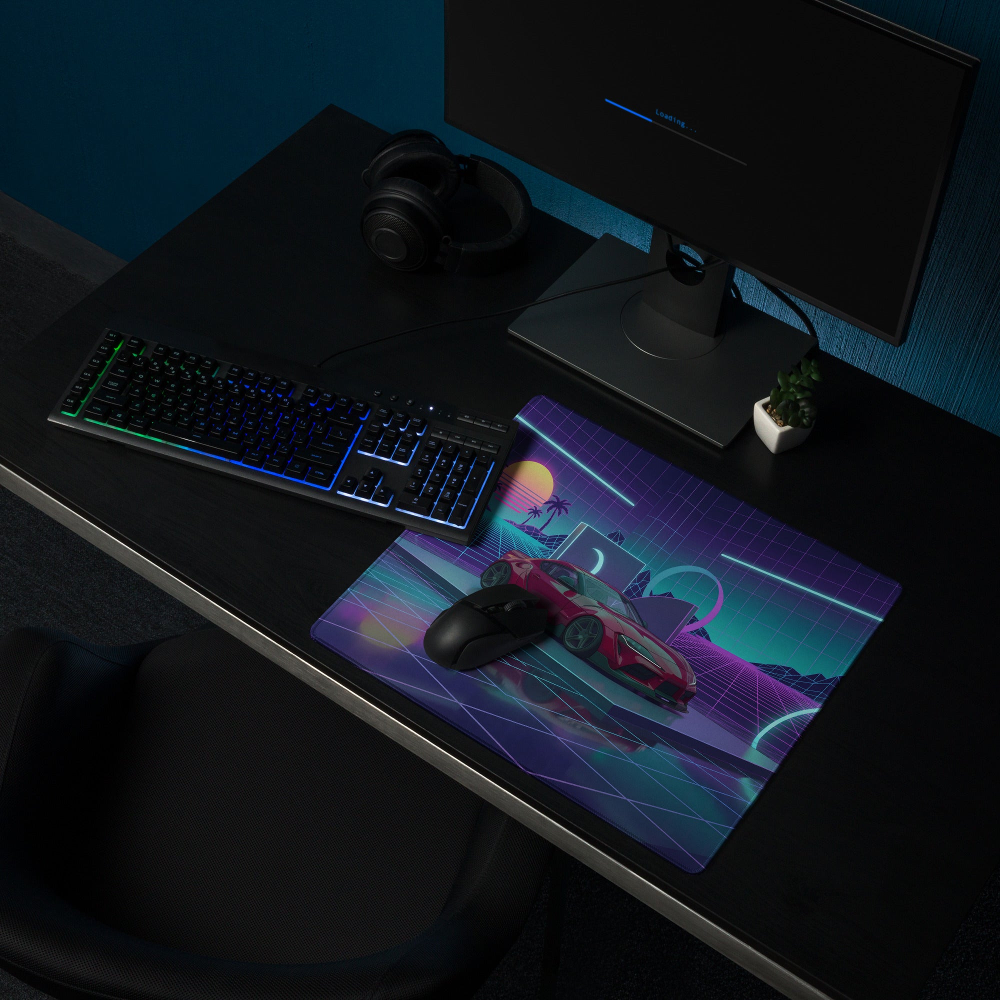 Toyota GR Supra A90 Inspired Red Purple Vaporwave Gaming Mouse Pad, Neon JDM Sports Car Desk Mat with Retro Futuristic Grid Sunset Artwork
