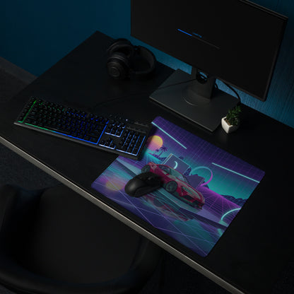 Toyota GR Supra A90 Inspired Red Purple Vaporwave Gaming Mouse Pad, Neon JDM Sports Car Desk Mat with Retro Futuristic Grid Sunset Artwork