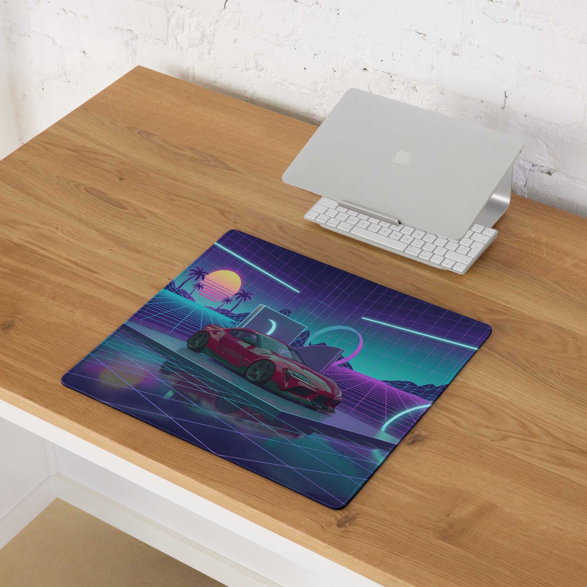 Toyota GR Supra A90 Inspired Red Purple Vaporwave Gaming Mouse Pad, Neon JDM Sports Car Desk Mat with Retro Futuristic Grid Sunset Artwork