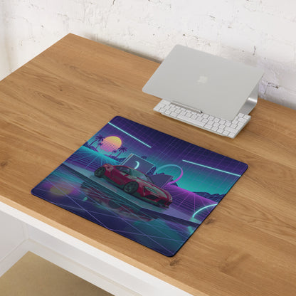 Toyota GR Supra A90 Inspired Red Purple Vaporwave Gaming Mouse Pad, Neon JDM Sports Car Desk Mat with Retro Futuristic Grid Sunset Artwork