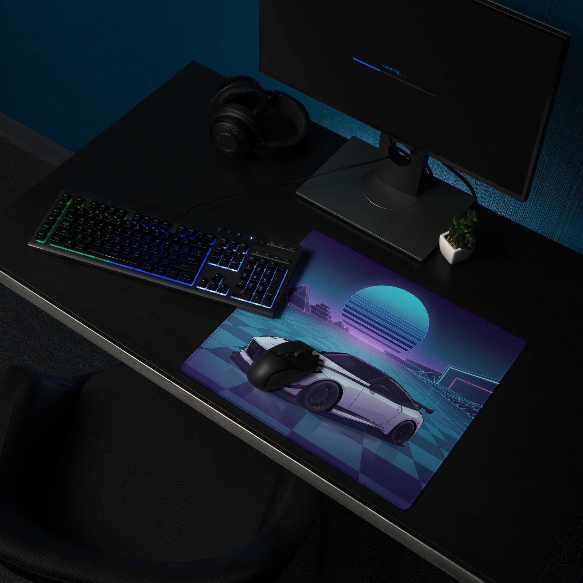 Nissan Z RZ34 Inspired White Blue Vaporwave Gaming Mouse Pad, Neon JDM Sports Car Desk Mat with Retro Futuristic Cyber Grid Artwork