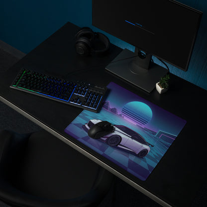 Nissan Z RZ34 Inspired White Blue Vaporwave Gaming Mouse Pad, Neon JDM Sports Car Desk Mat with Retro Futuristic Cyber Grid Artwork