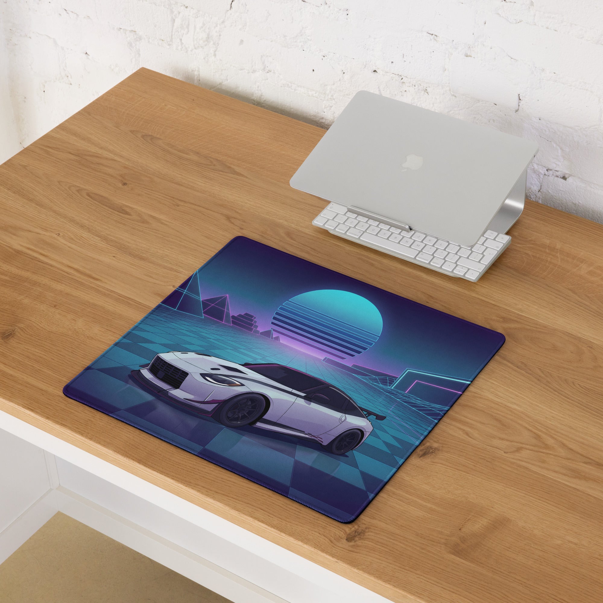 Nissan Z RZ34 Inspired White Blue Vaporwave Gaming Mouse Pad, Neon JDM Sports Car Desk Mat with Retro Futuristic Cyber Grid Artwork