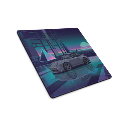 Porsche 911 Carrera 993 Inspired Silver Purple Vaporwave Gaming Mouse Pad, Neon Euro Sports Car Desk Mat with Retro Futuristic Sunset Grid Artwork