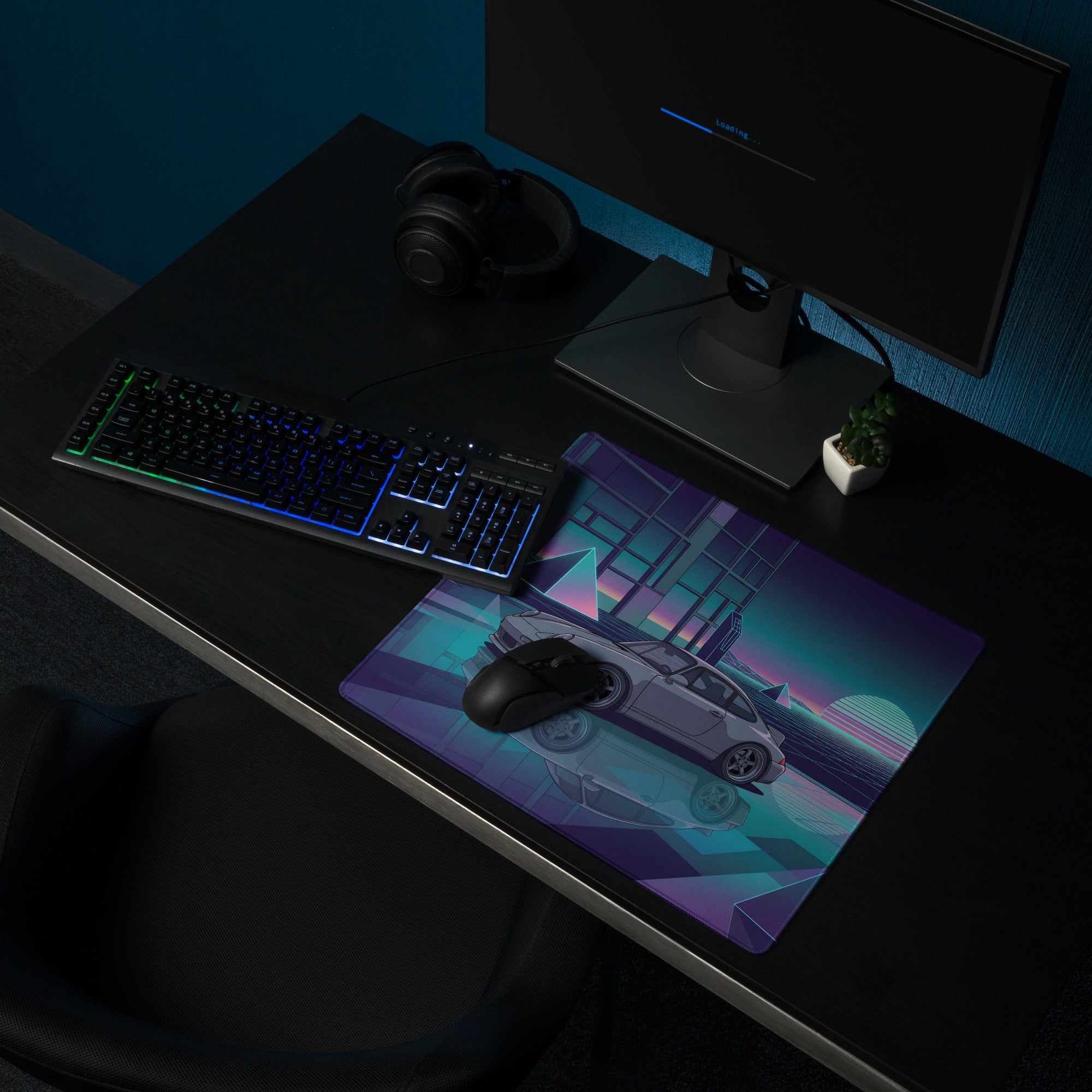Porsche 911 Carrera 993 Inspired Silver Purple Vaporwave Gaming Mouse Pad, Neon Euro Sports Car Desk Mat with Retro Futuristic Sunset Grid Artwork