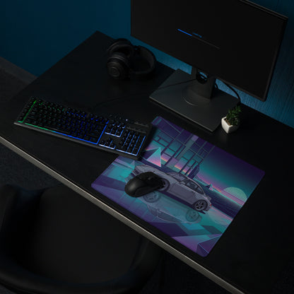 Porsche 911 Carrera 993 Inspired Silver Purple Vaporwave Gaming Mouse Pad, Neon Euro Sports Car Desk Mat with Retro Futuristic Sunset Grid Artwork