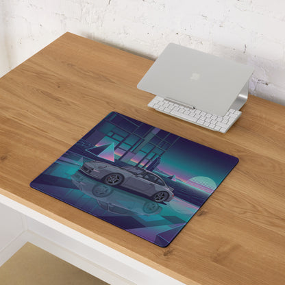 Porsche 911 Carrera 993 Inspired Silver Purple Vaporwave Gaming Mouse Pad, Neon Euro Sports Car Desk Mat with Retro Futuristic Sunset Grid Artwork