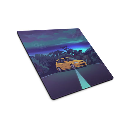 Honda Civic Type R EK9 Inspired Yellow Blue Vaporwave Gaming Mouse Pad, Neon JDM Hot Hatch Desk Mat with Retro Futuristic Mountain Road Artwork