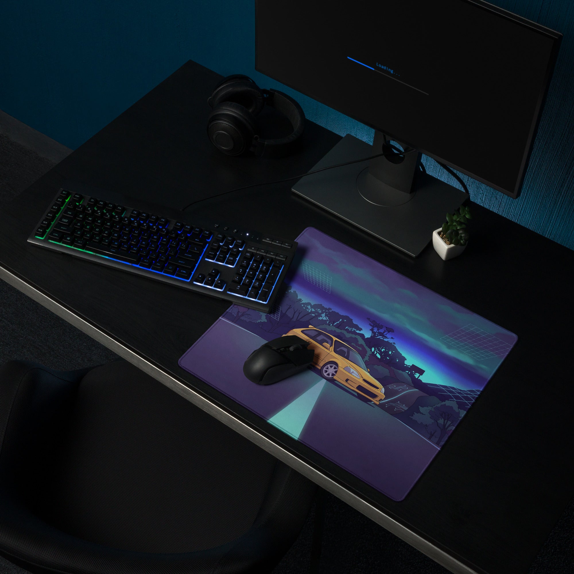 Honda Civic Type R EK9 Inspired Yellow Blue Vaporwave Gaming Mouse Pad, Neon JDM Hot Hatch Desk Mat with Retro Futuristic Mountain Road Artwork