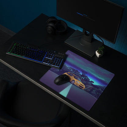 Honda Civic Type R EK9 Inspired Yellow Blue Vaporwave Gaming Mouse Pad, Neon JDM Hot Hatch Desk Mat with Retro Futuristic Mountain Road Artwork