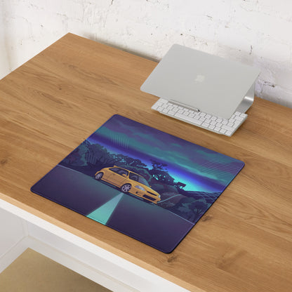 Honda Civic Type R EK9 Inspired Yellow Blue Vaporwave Gaming Mouse Pad, Neon JDM Hot Hatch Desk Mat with Retro Futuristic Mountain Road Artwork