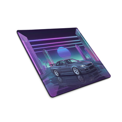 Nissan Skyline GT-R R34 Inspired Gray Purple Vaporwave Gaming Mouse Pad, Neon JDM Sports Car Desk Mat with Retro Futuristic Crystal City Artwork