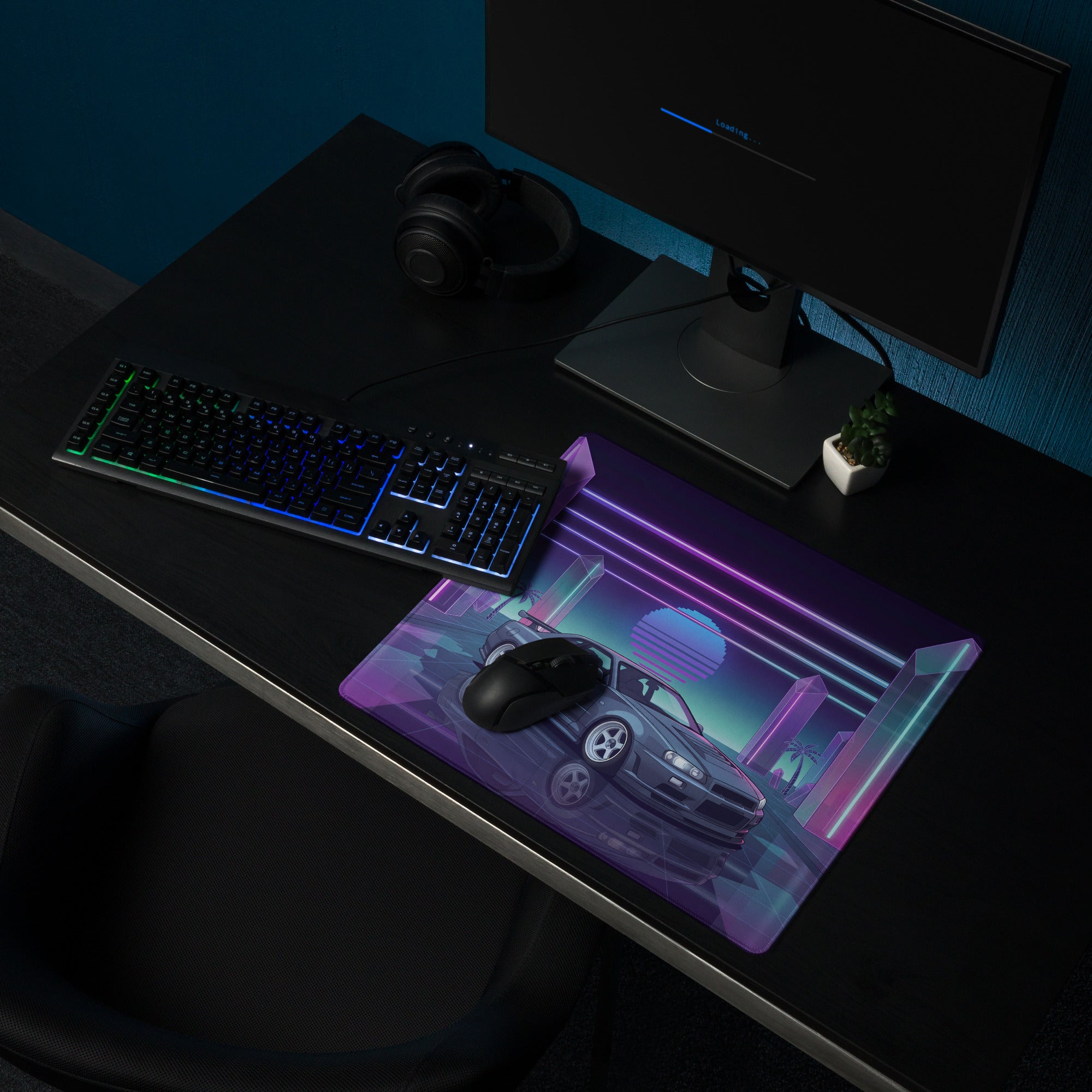 Nissan Skyline GT-R R34 Inspired Gray Purple Vaporwave Gaming Mouse Pad, Neon JDM Sports Car Desk Mat with Retro Futuristic Crystal City Artwork