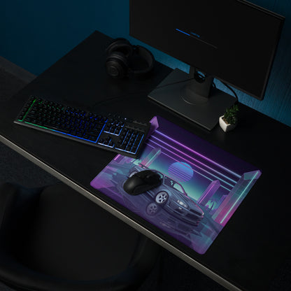 Nissan Skyline GT-R R34 Inspired Gray Purple Vaporwave Gaming Mouse Pad, Neon JDM Sports Car Desk Mat with Retro Futuristic Crystal City Artwork