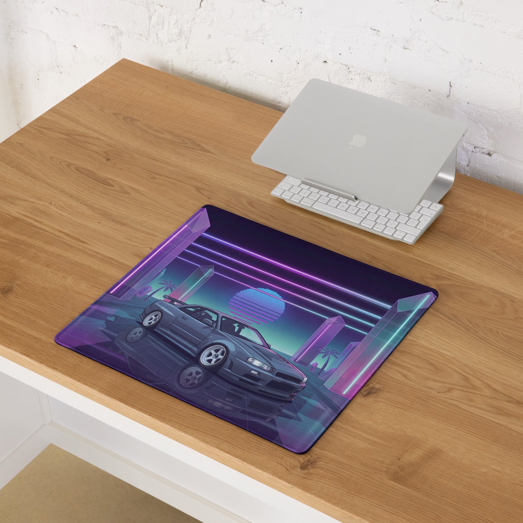 Nissan Skyline GT-R R34 Inspired Gray Purple Vaporwave Gaming Mouse Pad, Neon JDM Sports Car Desk Mat with Retro Futuristic Crystal City Artwork