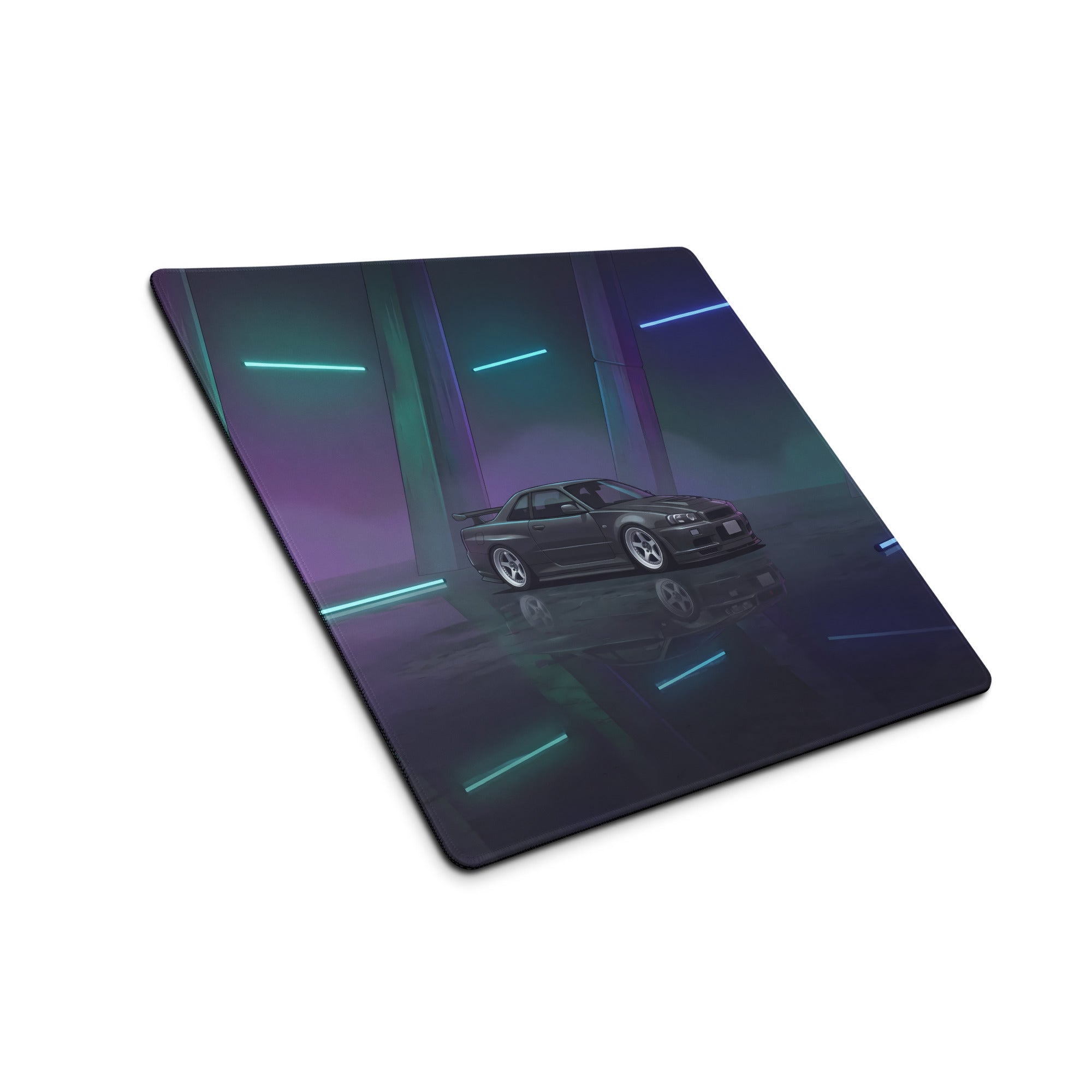 Nissan Skyline GT-R R34 Inspired Gray Blue Vaporwave Gaming Mouse Pad, Neon JDM Sports Car Desk Mat with Futuristic Reflective Garage Artwork