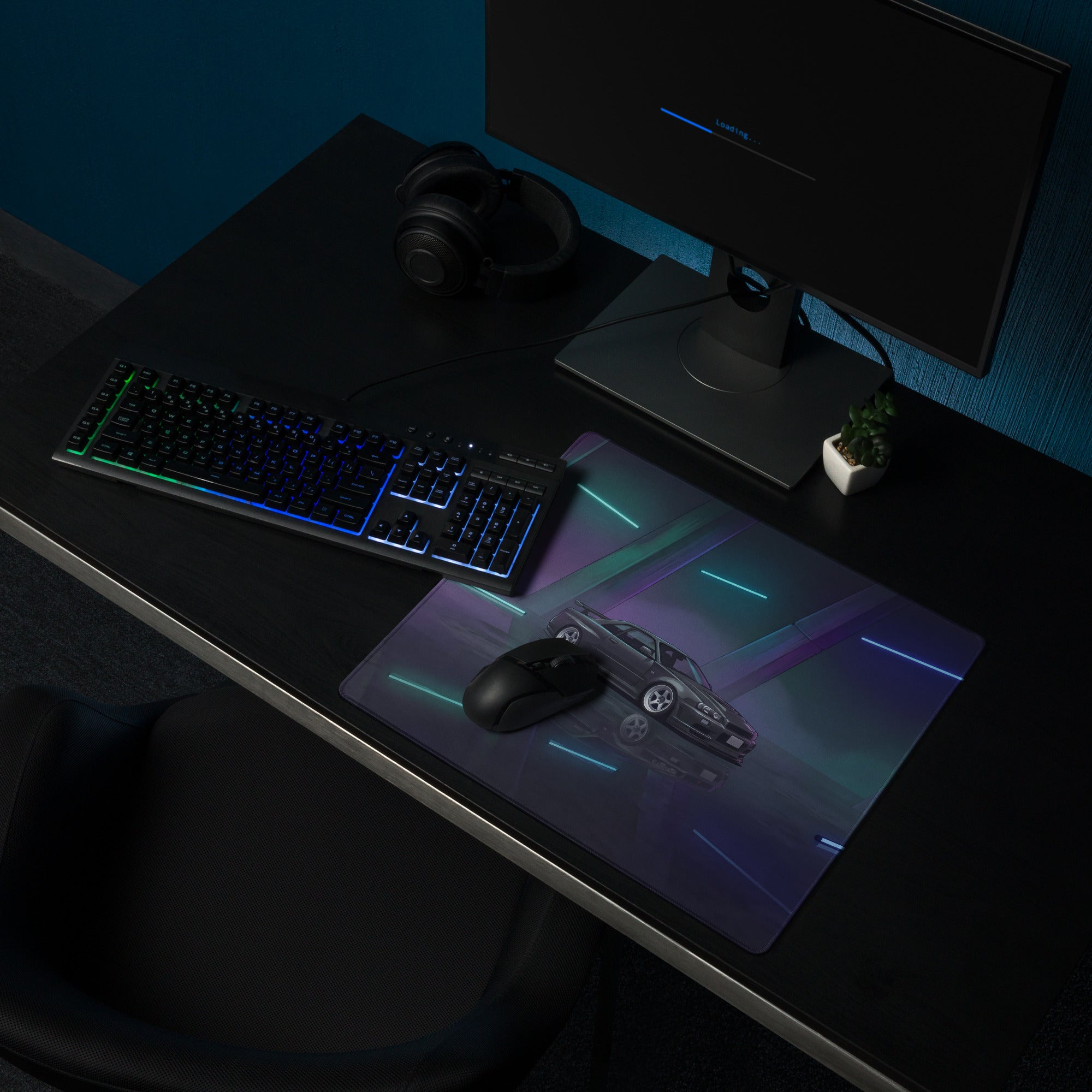 Nissan Skyline GT-R R34 Inspired Gray Blue Vaporwave Gaming Mouse Pad, Neon JDM Sports Car Desk Mat with Futuristic Reflective Garage Artwork