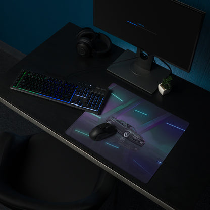 Nissan Skyline GT-R R34 Inspired Gray Blue Vaporwave Gaming Mouse Pad, Neon JDM Sports Car Desk Mat with Futuristic Reflective Garage Artwork