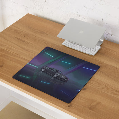 Nissan Skyline GT-R R34 Inspired Gray Blue Vaporwave Gaming Mouse Pad, Neon JDM Sports Car Desk Mat with Futuristic Reflective Garage Artwork