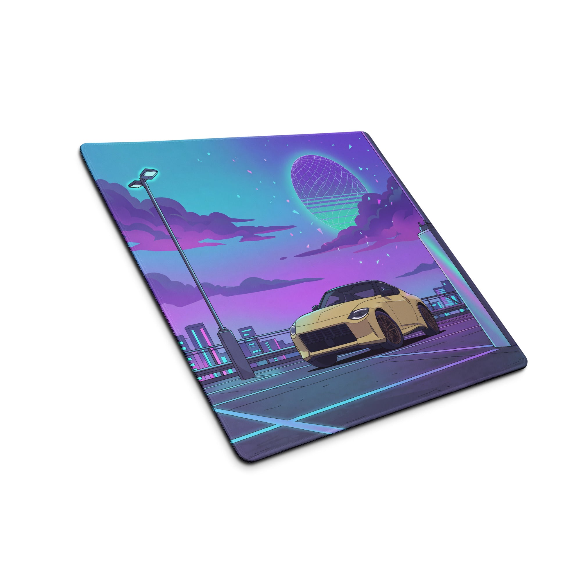 Nissan Z RZ34 Inspired Yellow Purple Vaporwave Gaming Mouse Pad, Neon JDM Sports Car Desk Mat with Retro Futuristic Rooftop City Artwork