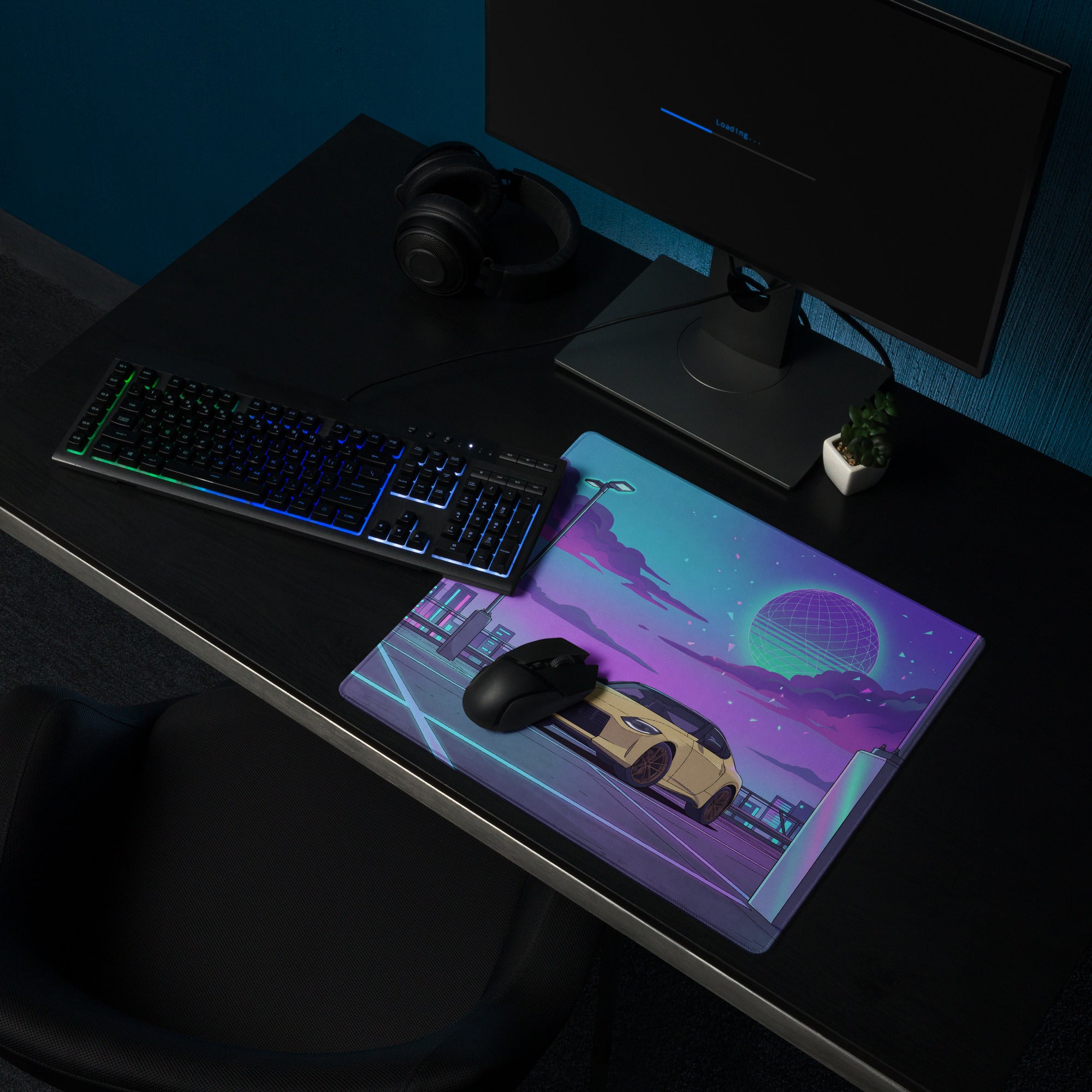 Nissan Z RZ34 Inspired Yellow Purple Vaporwave Gaming Mouse Pad, Neon JDM Sports Car Desk Mat with Retro Futuristic Rooftop City Artwork
