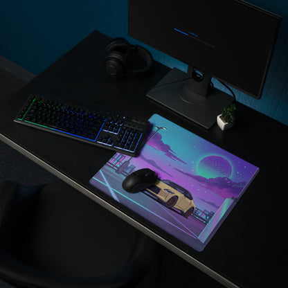 Nissan Z RZ34 Inspired Yellow Purple Vaporwave Gaming Mouse Pad, Neon JDM Sports Car Desk Mat with Retro Futuristic Rooftop City Artwork