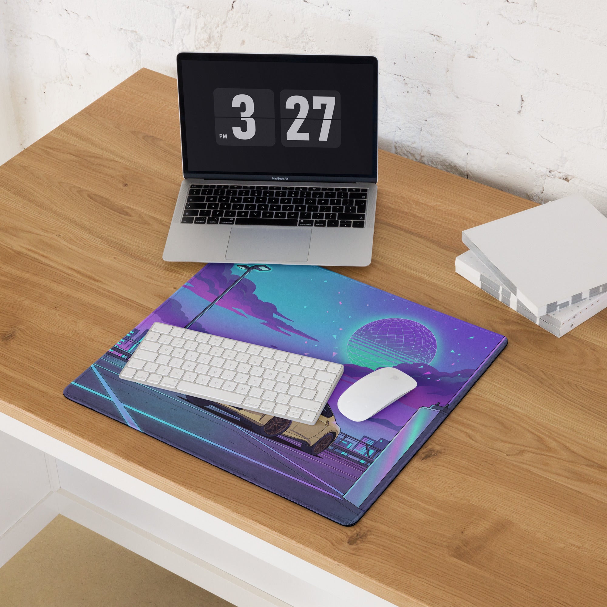 Nissan Z RZ34 Inspired Yellow Purple Vaporwave Gaming Mouse Pad, Neon JDM Sports Car Desk Mat with Retro Futuristic Rooftop City Artwork