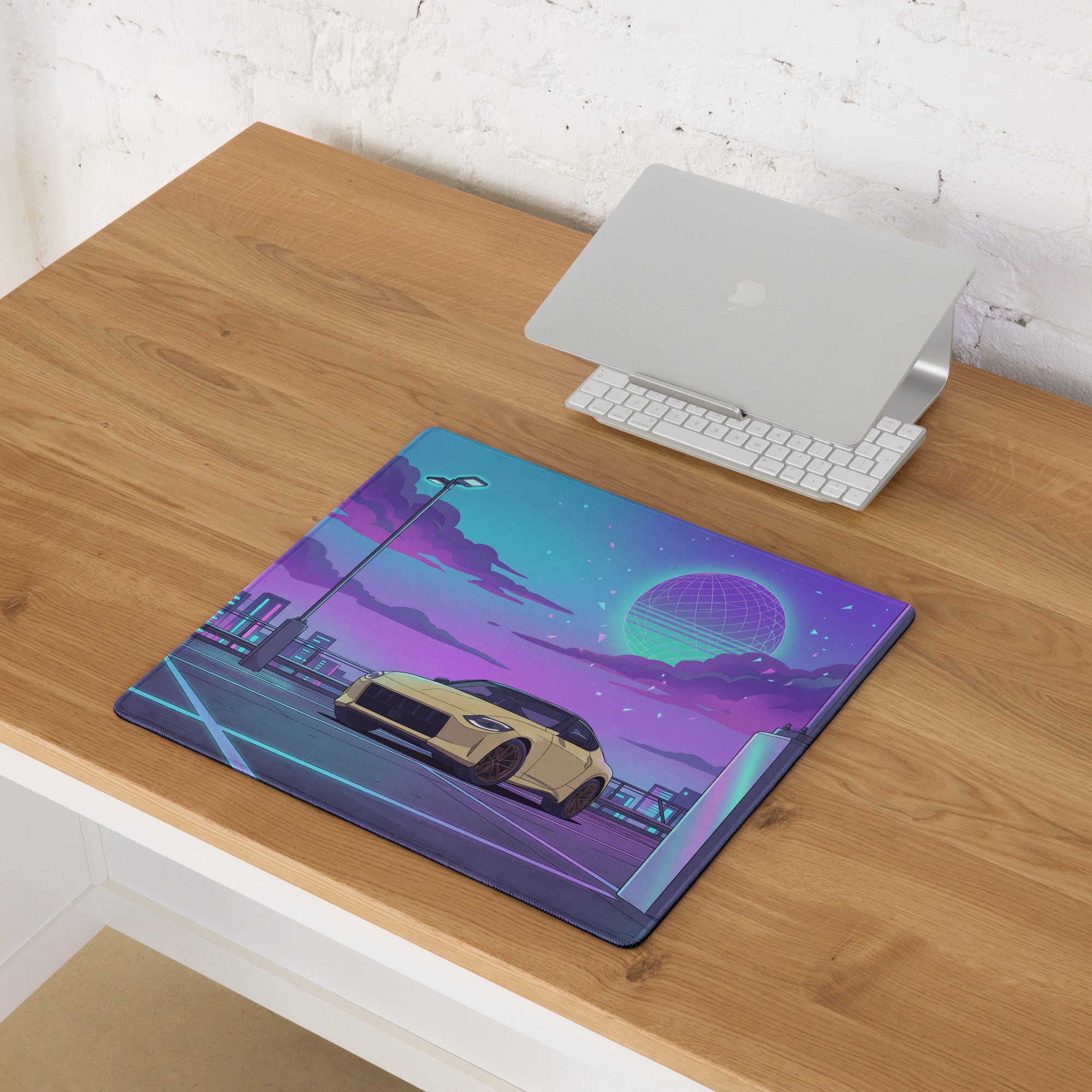 Nissan Z RZ34 Inspired Yellow Purple Vaporwave Gaming Mouse Pad, Neon JDM Sports Car Desk Mat with Retro Futuristic Rooftop City Artwork