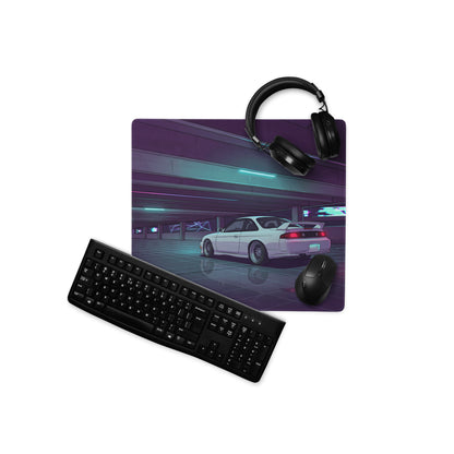 Nissan Silvia S14 Inspired White Purple Vaporwave Gaming Mouse Pad, Neon JDM Drift Car Desk Mat with Retro Futuristic Parking Garage Artwork