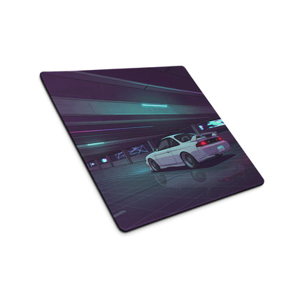 Nissan Silvia S14 Inspired White Purple Vaporwave Gaming Mouse Pad, Neon JDM Drift Car Desk Mat with Retro Futuristic Parking Garage Artwork
