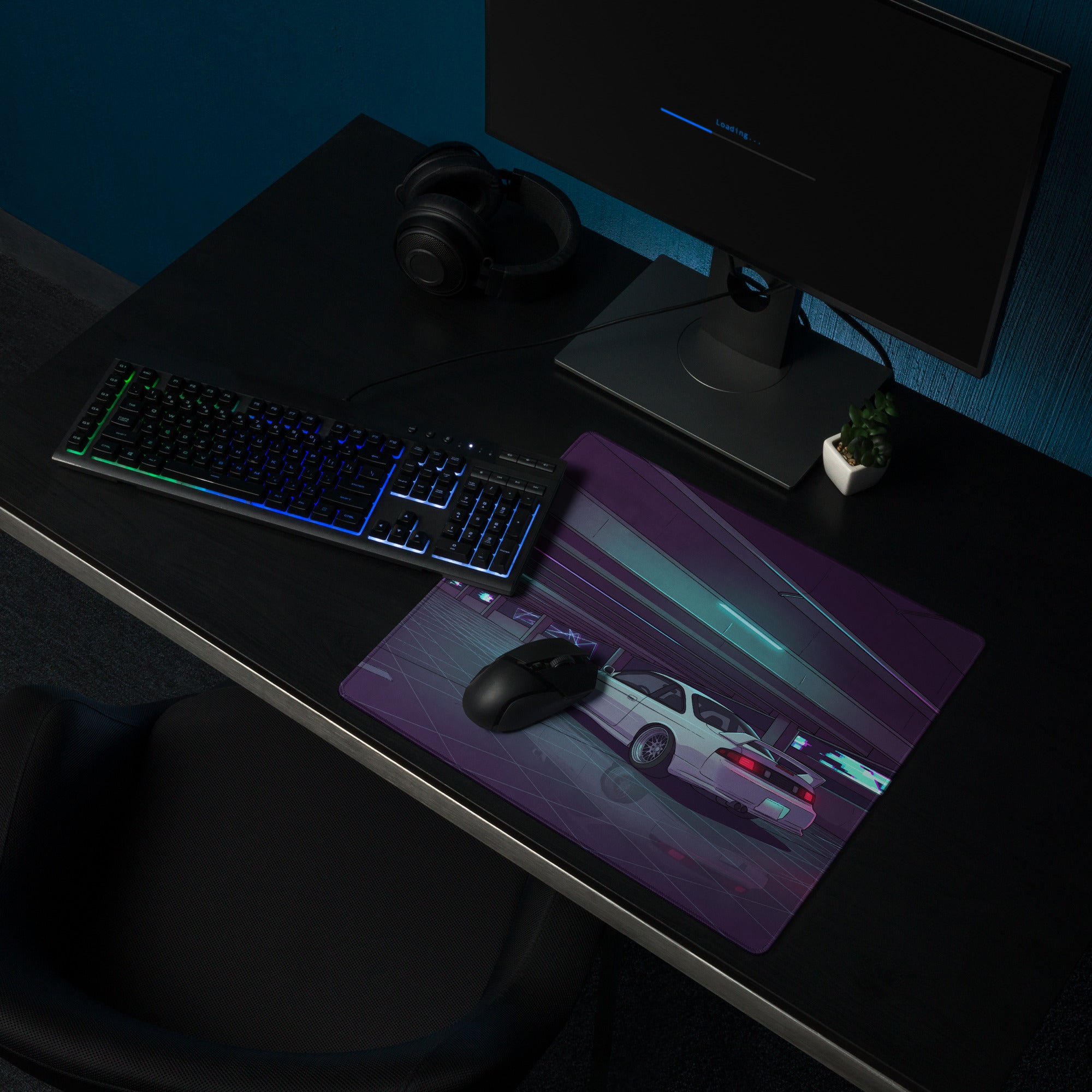 Nissan Silvia S14 Inspired White Purple Vaporwave Gaming Mouse Pad, Neon JDM Drift Car Desk Mat with Retro Futuristic Parking Garage Artwork