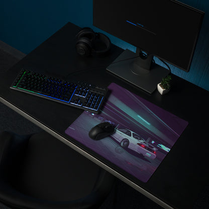 Nissan Silvia S14 Inspired White Purple Vaporwave Gaming Mouse Pad, Neon JDM Drift Car Desk Mat with Retro Futuristic Parking Garage Artwork