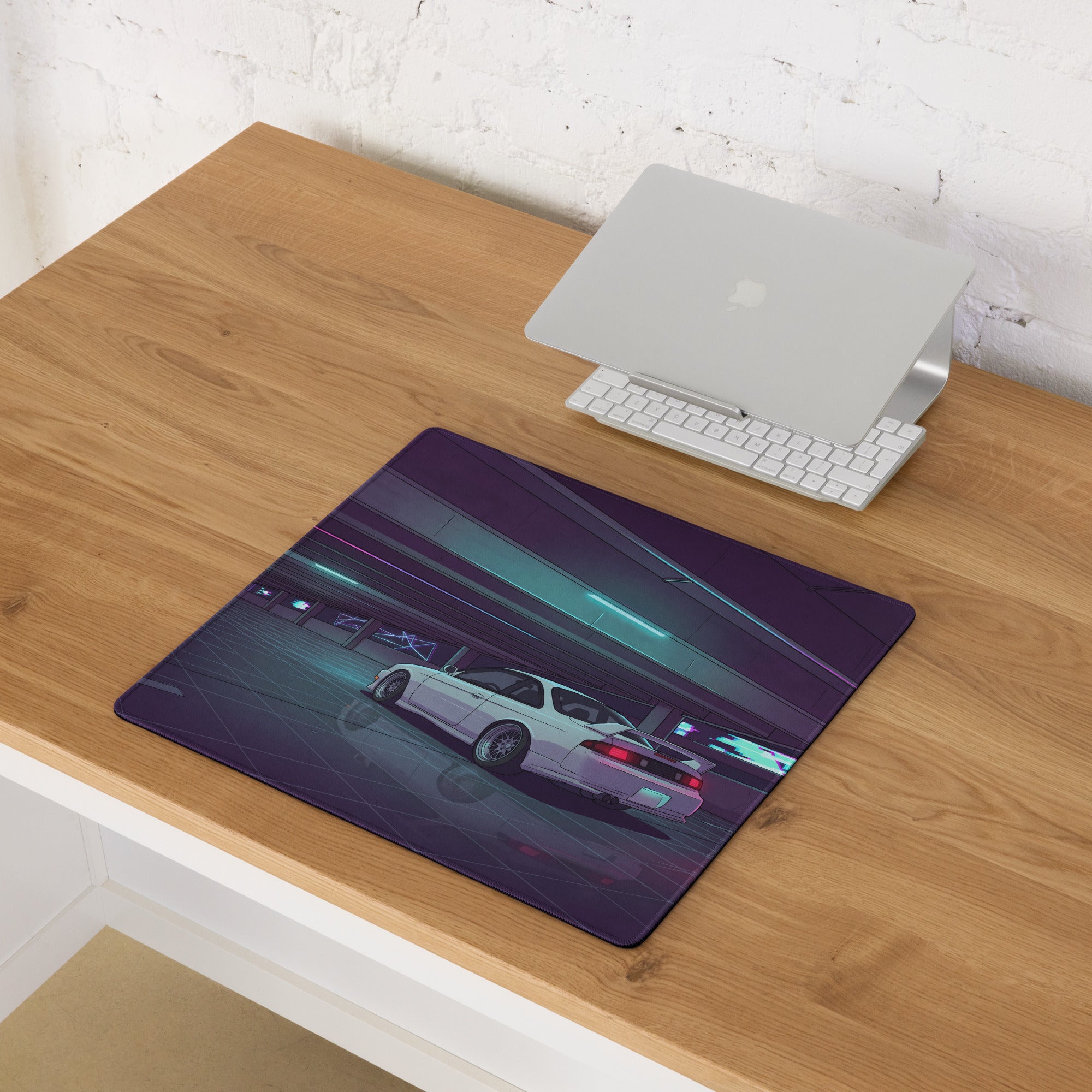 Nissan Silvia S14 Inspired White Purple Vaporwave Gaming Mouse Pad, Neon JDM Drift Car Desk Mat with Retro Futuristic Parking Garage Artwork