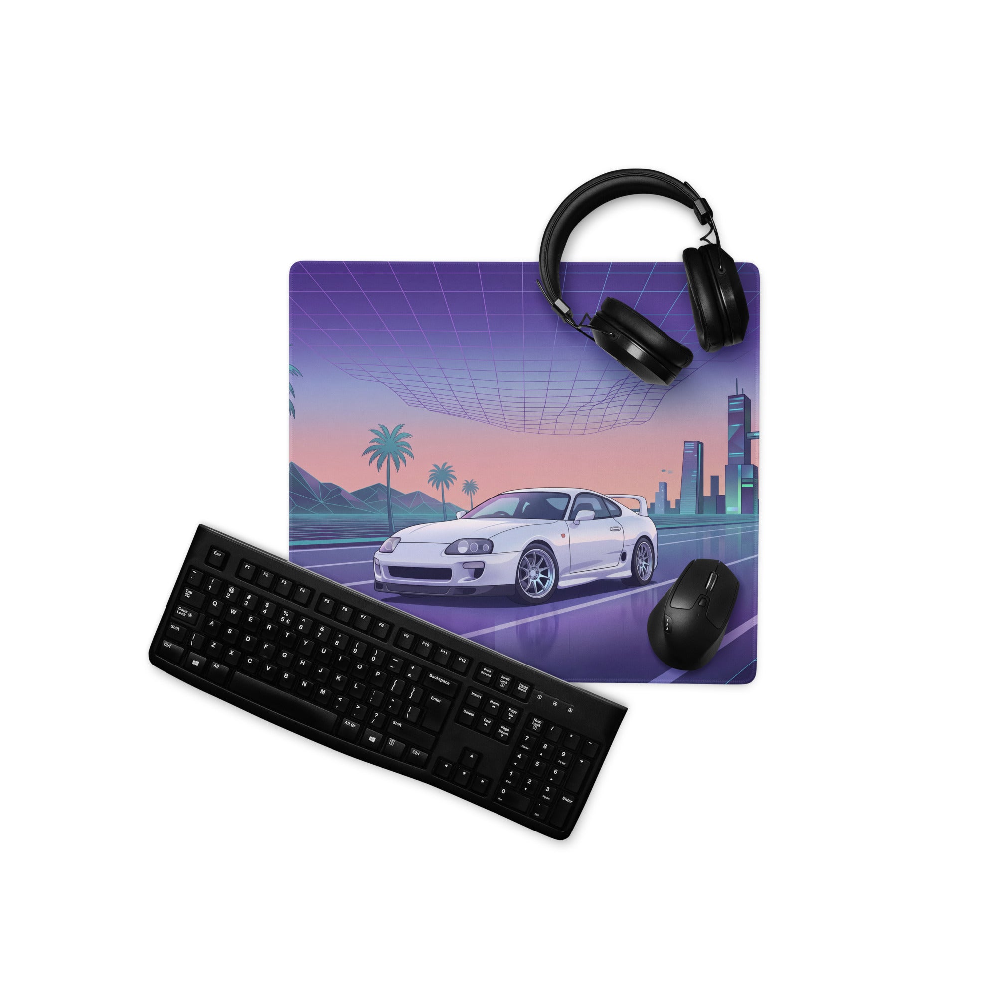 Toyota Supra MK4 A80 Inspired White Purple Vaporwave Gaming Mouse Pad, Neon JDM Sports Car Desk Mat with Retro Futuristic City Road Artwork