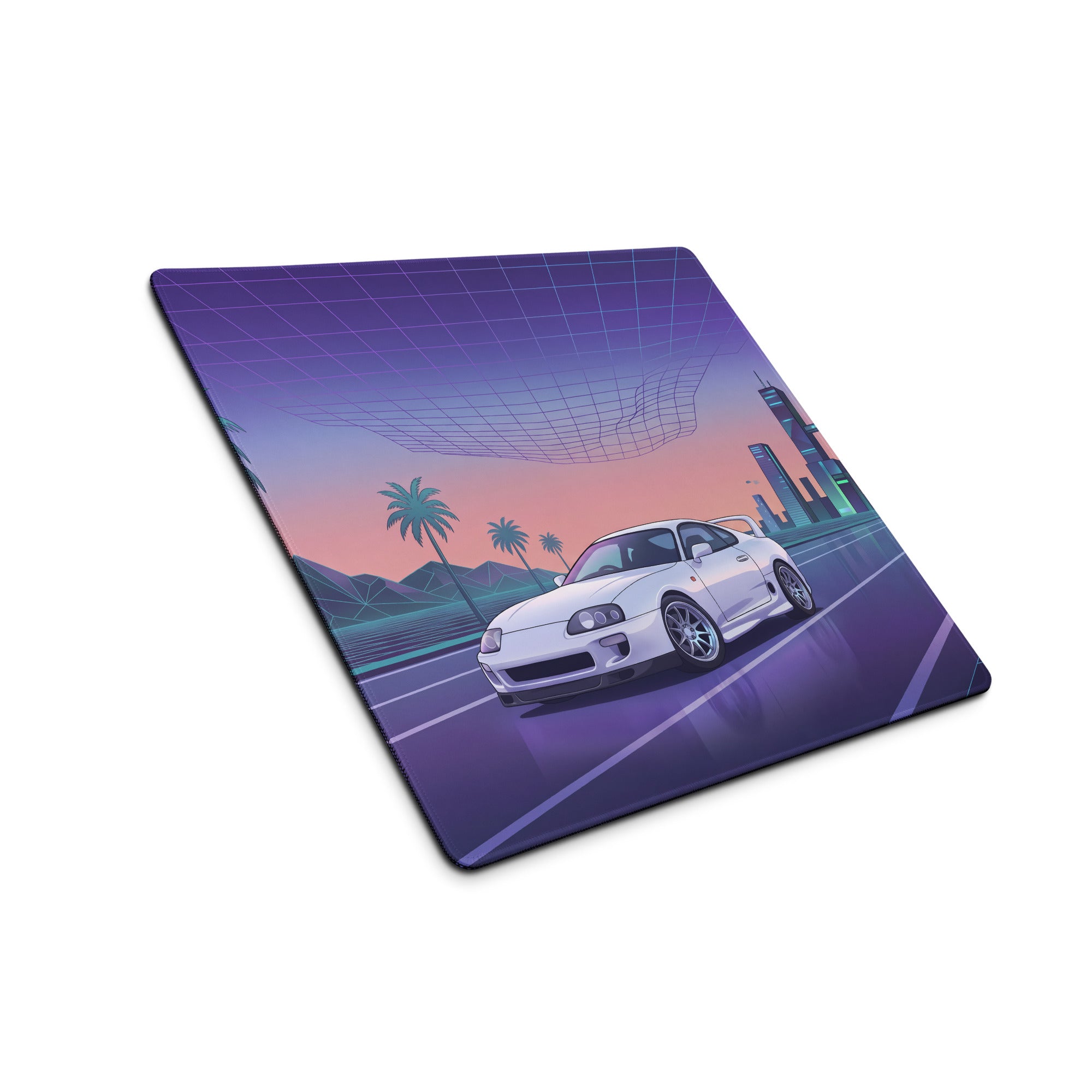 Toyota Supra MK4 A80 Inspired White Purple Vaporwave Gaming Mouse Pad, Neon JDM Sports Car Desk Mat with Retro Futuristic City Road Artwork