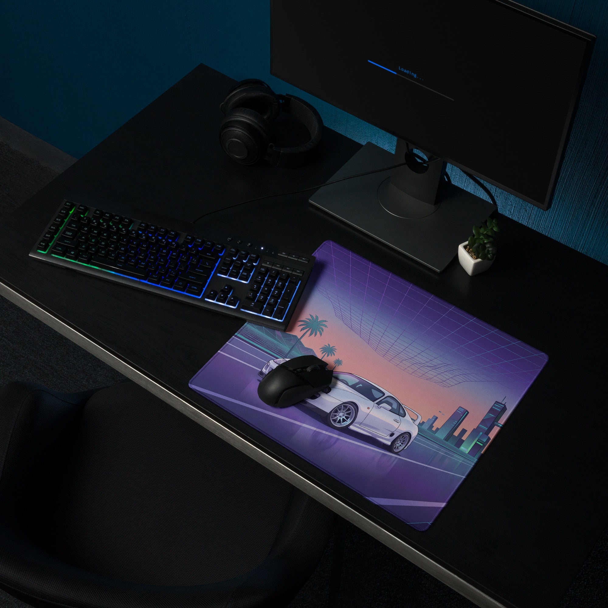 Toyota Supra MK4 A80 Inspired White Purple Vaporwave Gaming Mouse Pad, Neon JDM Sports Car Desk Mat with Retro Futuristic City Road Artwork