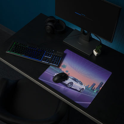 Toyota Supra MK4 A80 Inspired White Purple Vaporwave Gaming Mouse Pad, Neon JDM Sports Car Desk Mat with Retro Futuristic City Road Artwork