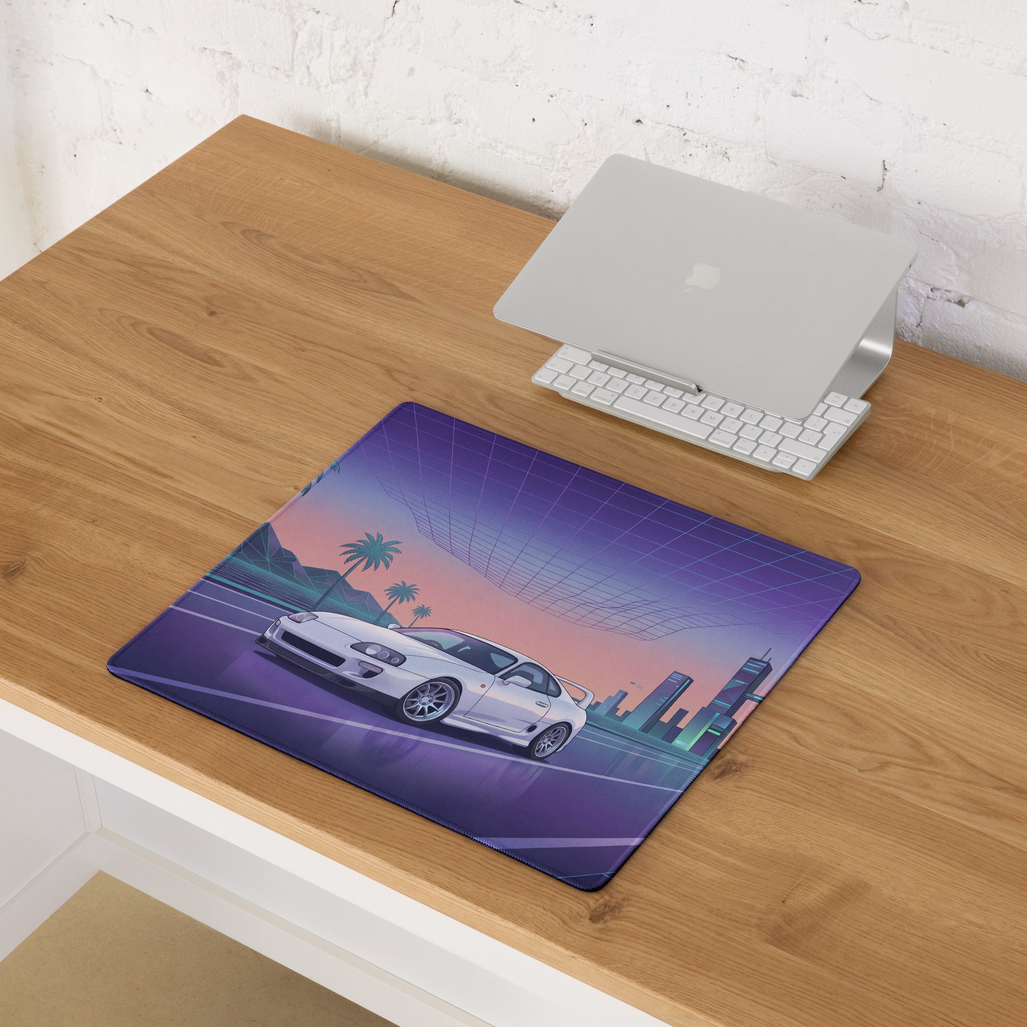 Toyota Supra MK4 A80 Inspired White Purple Vaporwave Gaming Mouse Pad, Neon JDM Sports Car Desk Mat with Retro Futuristic City Road Artwork