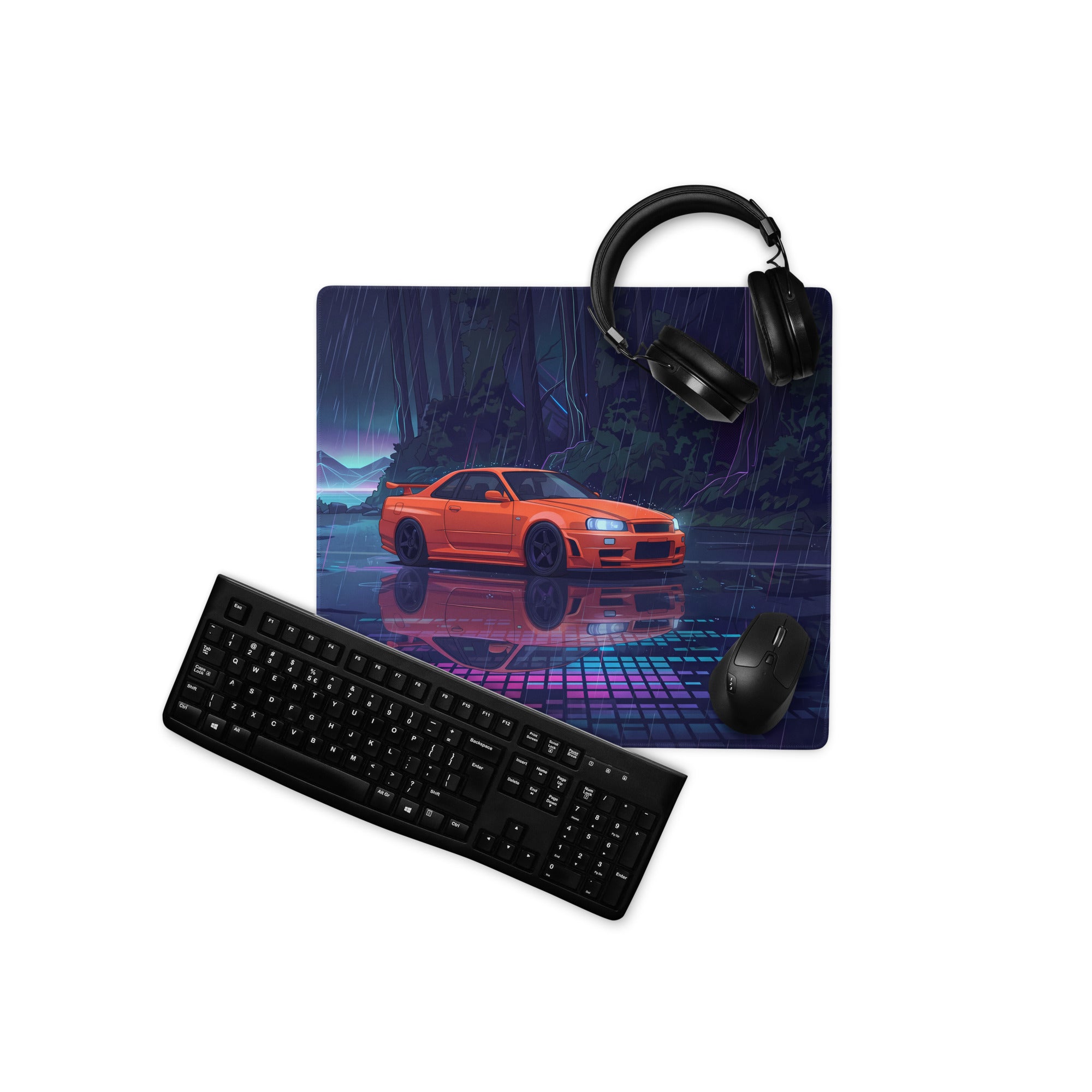 Nissan Skyline GT-R R34 Inspired Orange Blue Vaporwave Gaming Mouse Pad, Neon JDM Sports Car Desk Mat with Cyberpunk Rainforest Artwork