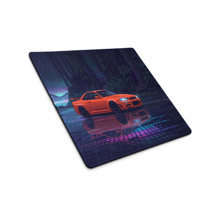 Nissan Skyline GT-R R34 Inspired Orange Blue Vaporwave Gaming Mouse Pad, Neon JDM Sports Car Desk Mat with Cyberpunk Rainforest Artwork