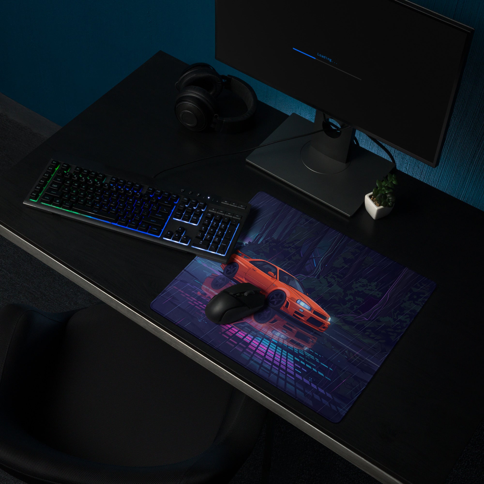 Nissan Skyline GT-R R34 Inspired Orange Blue Vaporwave Gaming Mouse Pad, Neon JDM Sports Car Desk Mat with Cyberpunk Rainforest Artwork