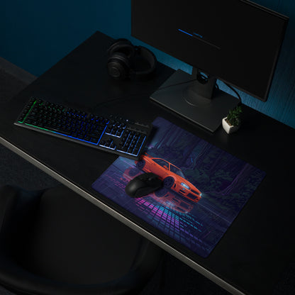 Nissan Skyline GT-R R34 Inspired Orange Blue Vaporwave Gaming Mouse Pad, Neon JDM Sports Car Desk Mat with Cyberpunk Rainforest Artwork
